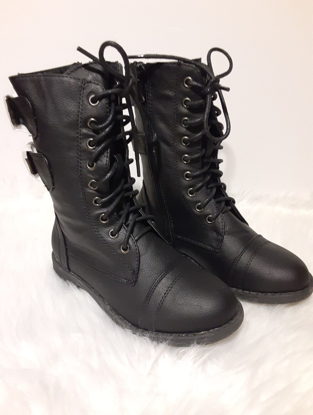 Girls Combat Military Lace Up Zip Boots Faux Leather Mid Calf Lucky Top NEW 12